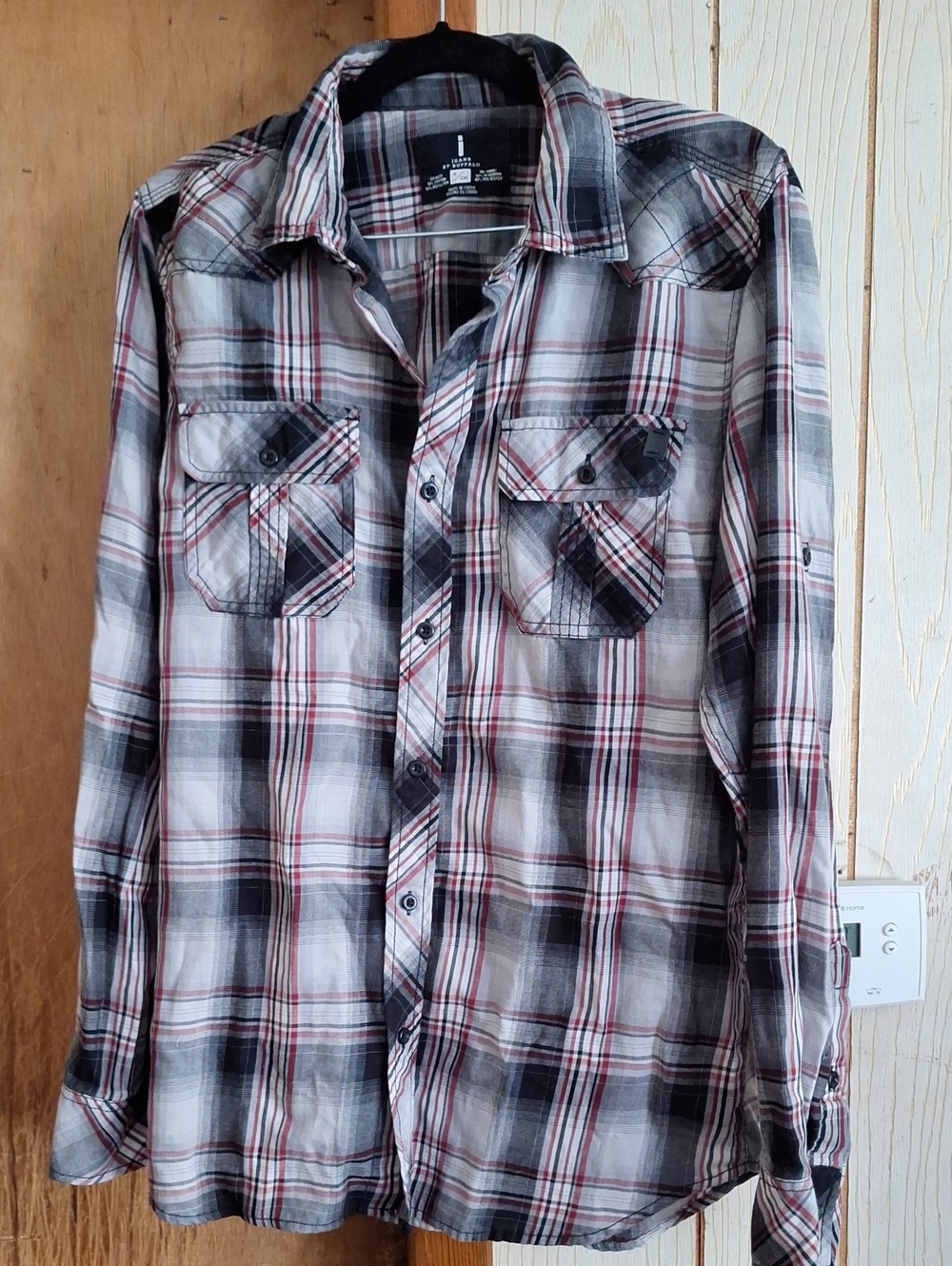 Men's Plaid Long Sleeve Button-Down Shirt - Black, Gray & Red